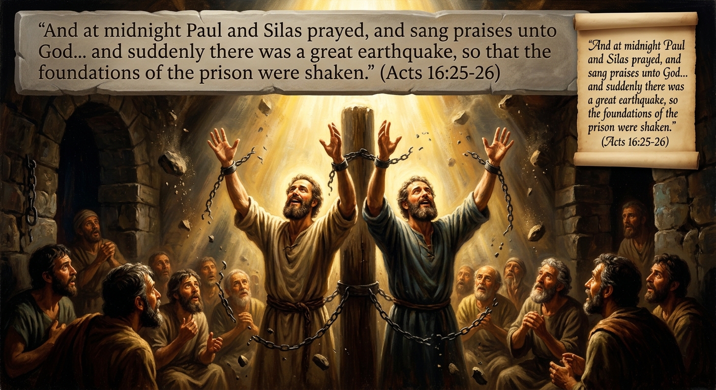 Paul and Silas singing in prison at midnight — Acts 16