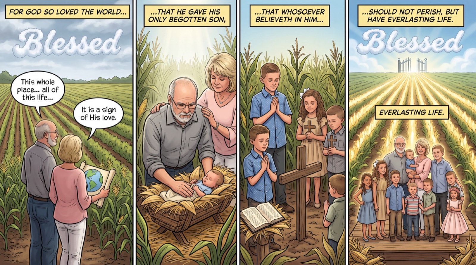 A family in a cornfield walking through John 3:16 — Blessed!