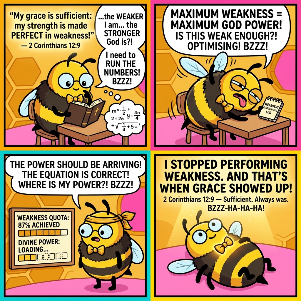 Benny the Bee comic: Benny runs the numbers — MAXIMUM WEAKNESS = MAXIMUM GOD POWER! — performs weakness with a WEAKNESS PERFORMANCE LOG — checks progress bar DIVINE POWER LOADING... — then just stops and relaxes. I stopped performing weakness. And that's when grace showed up! BZZZ-HA-HA-HA!