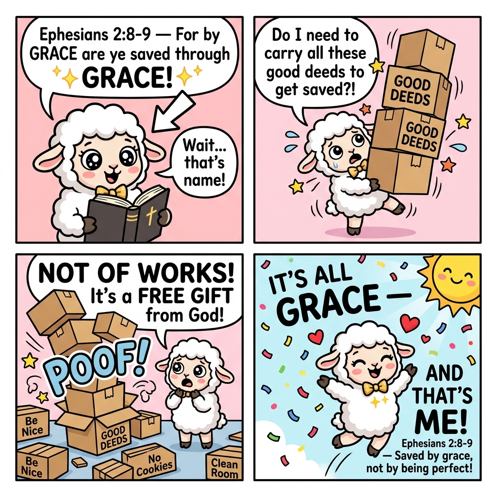 Grace the lamb comic: Grace discovers salvation is a FREE gift — not of works! Ephesians 2:8-9