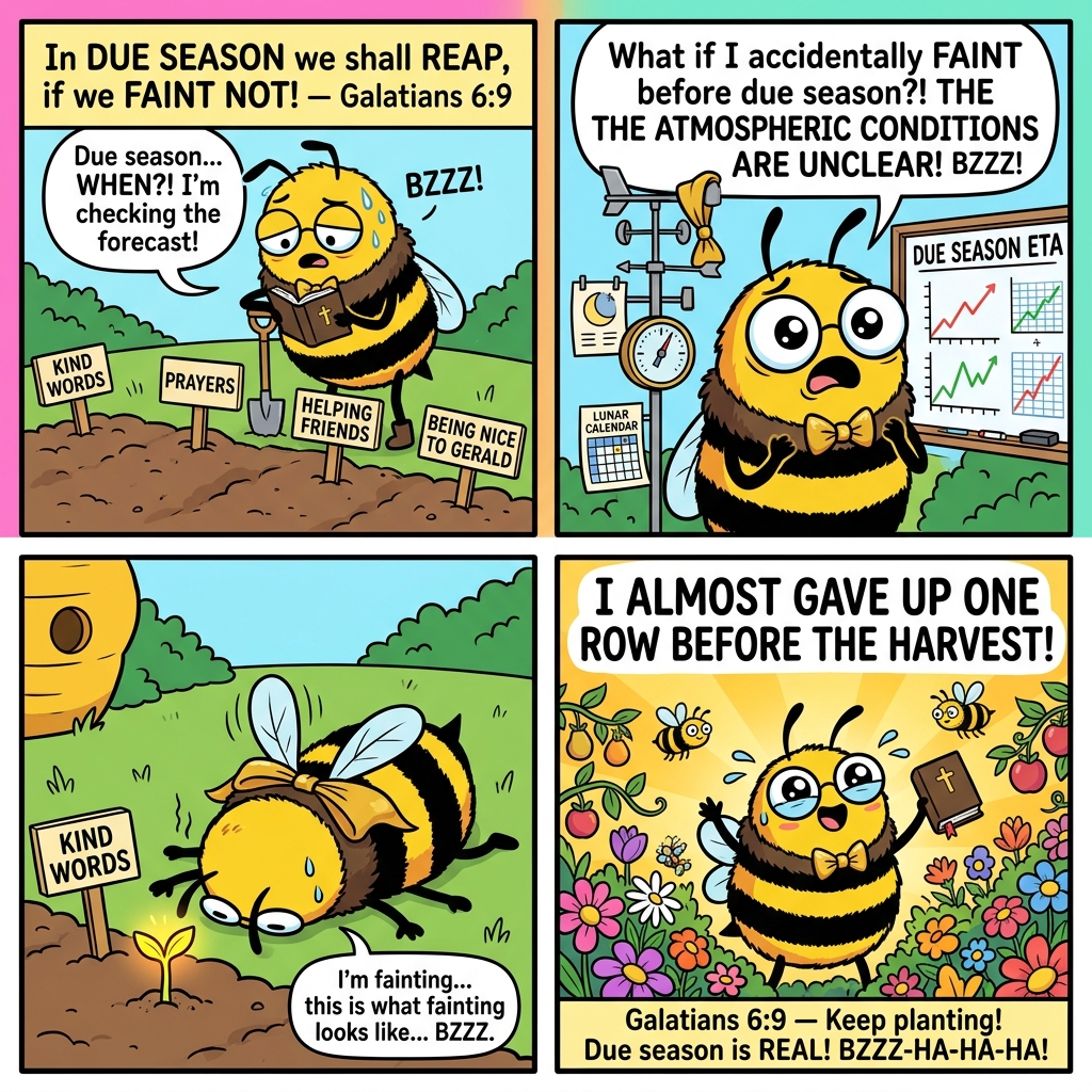 Benny the Bee comic: Benny plants KIND WORDS, PRAYERS and BEING NICE TO GERALD — builds a weather station to check DUE SEASON ETA — collapses face-down not seeing the sprout glowing behind him — turns around to an EXPLOSION of flowers and harvest! I almost gave up one row before the harvest! BZZZ-HA-HA-HA!