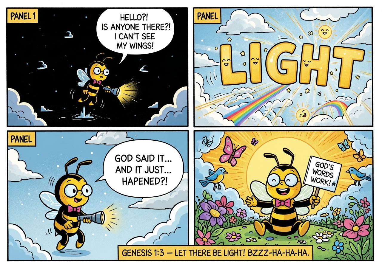 Benny the Bee comic: Benny floats in darkness with a tiny flashlight saying I CAN'T SEE MY WINGS! — God says LET THERE BE LIGHT and LIGHT bursts across the sky with rainbows — Benny amazed saying GOD SAID IT AND IT JUST HAPPENED?! — Benny sits happily in sunshine holding a sign GOD'S WORDS WORK! Genesis 1:3 BZZZ-HA-HA-HA!