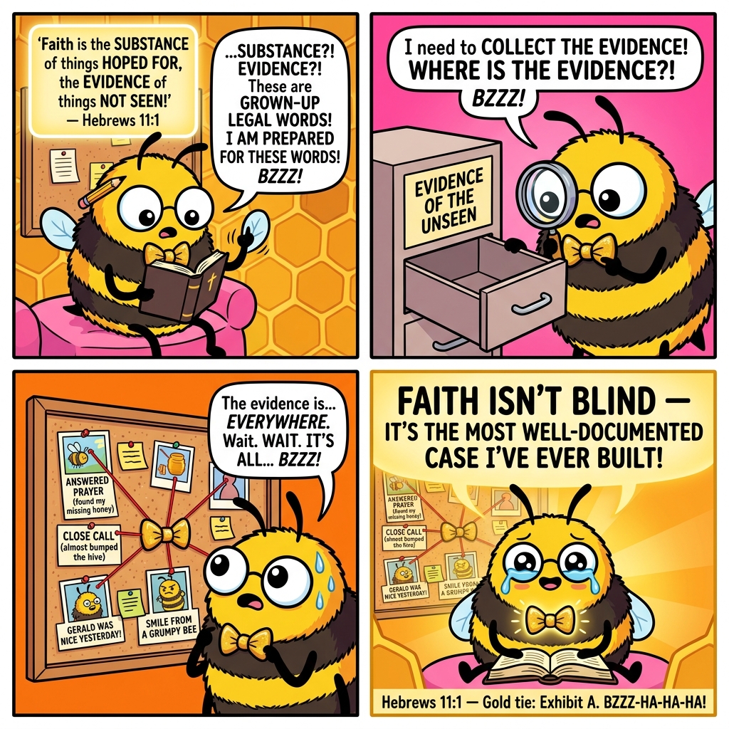 Benny the Bee comic: Benny reads Hebrews 11:1 — GROWN-UP LEGAL WORDS! I AM PREPARED! — finds EVIDENCE OF THE UNSEEN drawer empty — builds a Faith Evidence Board with ANSWERED PRAYER (found my missing honey!) GERALD WAS NICE YESTERDAY! SMILE FROM A GRUMPY BEE — Faith isn't blind — it's the most well-documented case I've ever built! BZZZ-HA-HA-HA!
