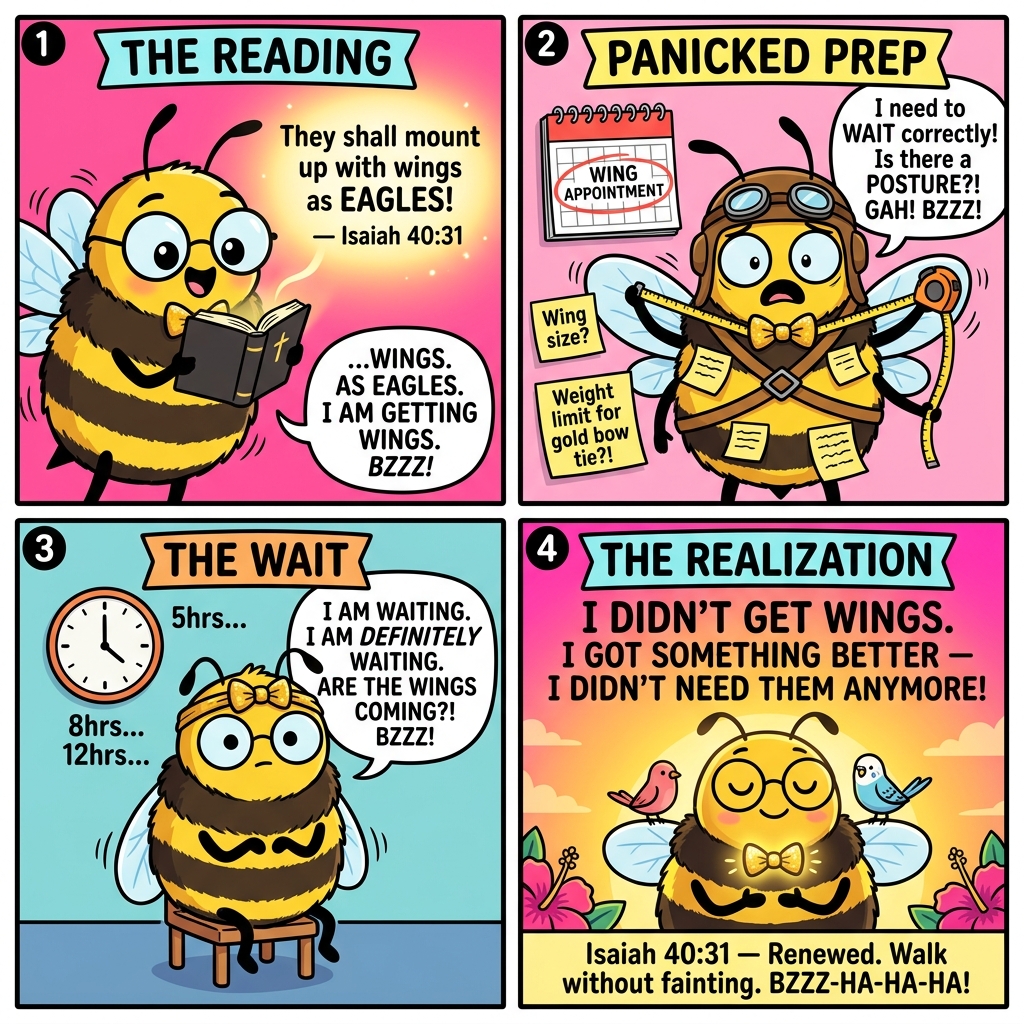 Benny the Bee comic: Benny reads WINGS AS EAGLES — puts on aviator helmet and books WING APPOINTMENT (Weight limit for gold bow tie?!) — sits waiting 5hrs 8hrs 12hrs for wings that never come — then realizes peacefully with birds landing on his shoulders: I didn't get wings. I got something better — I didn't need them anymore! BZZZ-HA-HA-HA!