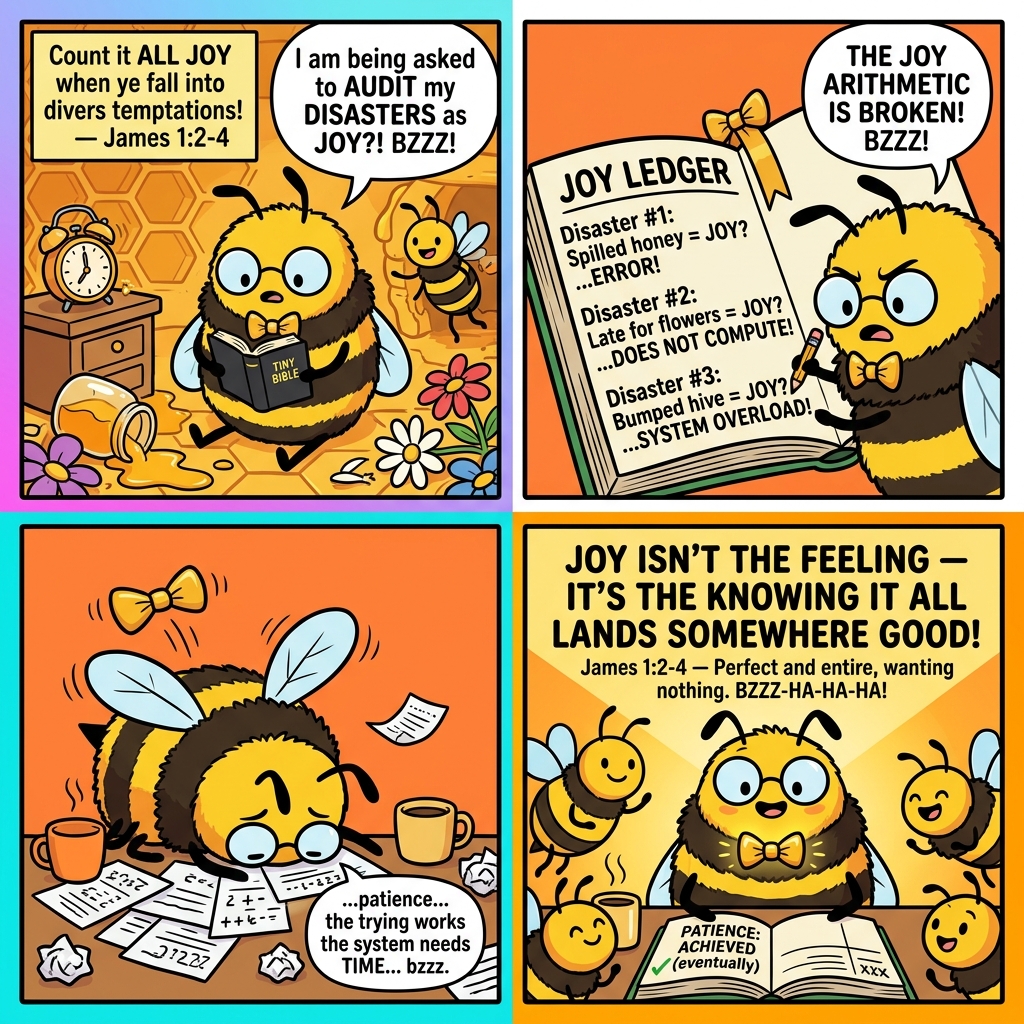 Benny the Bee comic: Benny's disaster morning — JOY AUDIT ledger (Spilled honey = JOY? ERROR!) — face-down on desk with gold bow tie twitching — sits up with PATIENCE: ACHIEVED (eventually). Joy isn't the feeling — it's the knowing it all lands somewhere good! BZZZ-HA-HA-HA!