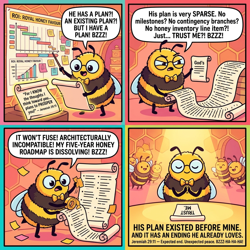 Benny the Bee comic: Benny has a huge ROI: ROYAL HONEY FAVOUR planning wall — discovers God has a plan too — His plan is very SPARSE, just TRUST ME — tries to fuse them (ARCHITECTURALLY INCOMPATIBLE! MY FIVE-YEAR HONEY ROADMAP IS DISSOLVING!) — sits peacefully with TRUST ME note. His plan existed before mine and it has an ending He already loves! BZZZ-HA-HA-HA!