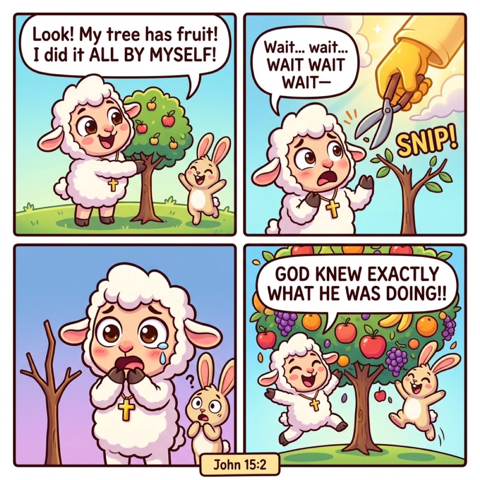 Grace the lamb comic: God's pruning makes you grow more fruit! John 15:2