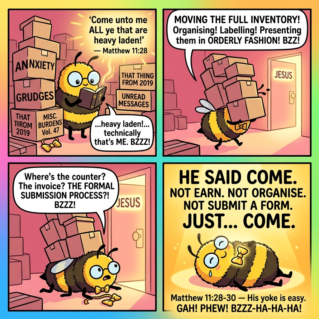 Benny the Bee comic: Benny surrounded by boxes (ANXIETY, GRUDGES, THAT THING FROM 2019, MISC. BURDENS Vol. 47) — carries full inventory to JESUS door — collapses crawling asking for THE FORMAL SUBMISSION PROCESS — He said COME. Not earn. Not organise. Not submit a form. JUST COME! Matthew 11:28-30 BZZZ-HA-HA-HA!