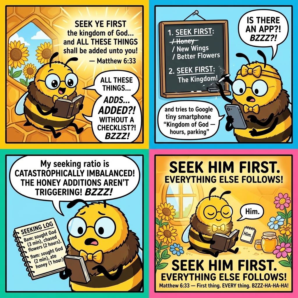 Benny the Bee comic: Benny reads Matthew 6:33 and asks IS THERE AN APP?! — checks his Seeking Log (3 min God, 2 hours flowers!) — then sits quietly with just one word: Him. SEEK HIM FIRST! BZZZ-HA-HA-HA!