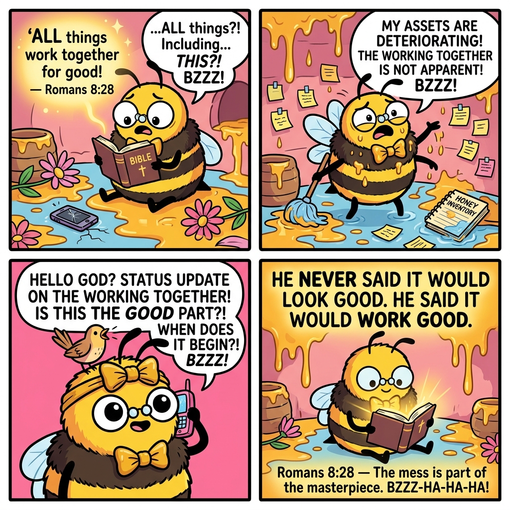 Benny the Bee comic: Benny's hive is flooded with honey and chaos — reads ALL things?! Including THIS?! — HONEY INVENTORY notebook soaked, MY ASSETS ARE DETERIORATING! — calls God on tiny phone with bird landing on his head (HELLO GOD? STATUS UPDATE ON THE WORKING TOGETHER?!) — sits peacefully in still-messy hive: HE NEVER SAID IT WOULD LOOK GOOD. HE SAID IT WOULD WORK GOOD. Romans 8:28 BZZZ-HA-HA-HA!