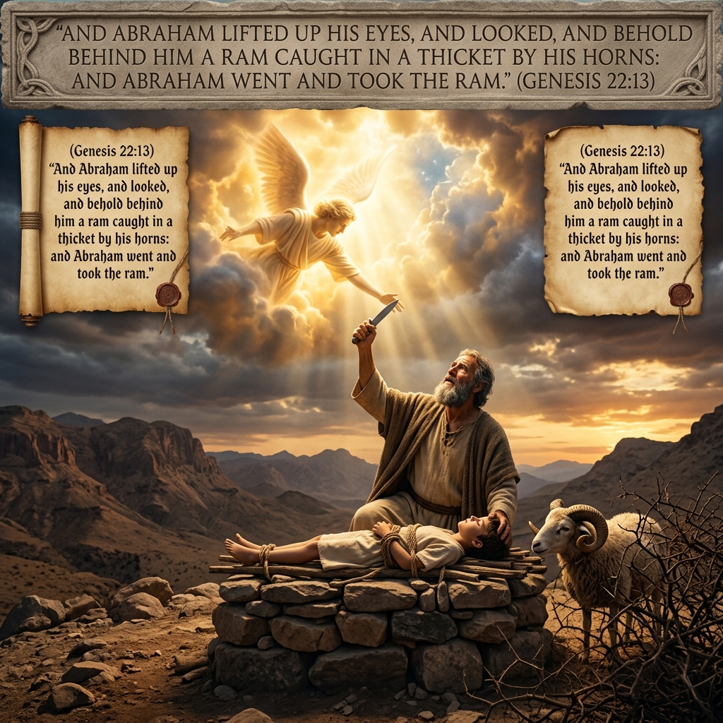 Biblical illustration — Abraham offering the ram caught in the thicket as a type of Christ the Unblemished Lamb