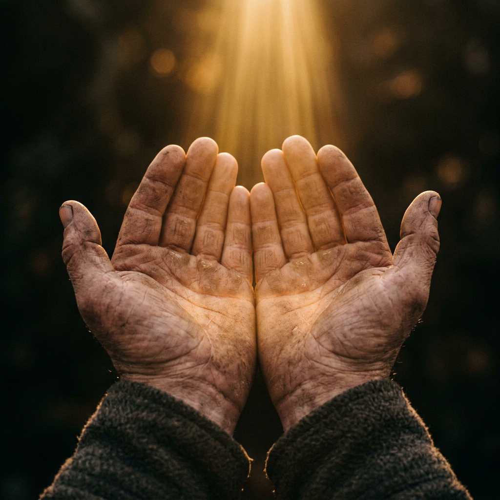 Weathered hands held open, receiving the light of God — the abundant life is received, not earned