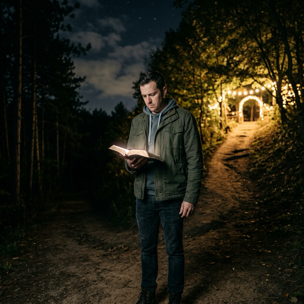 A man at a dark crossroads at night, holding a glowing Bible, one path lit with golden light, the other descending into darkness