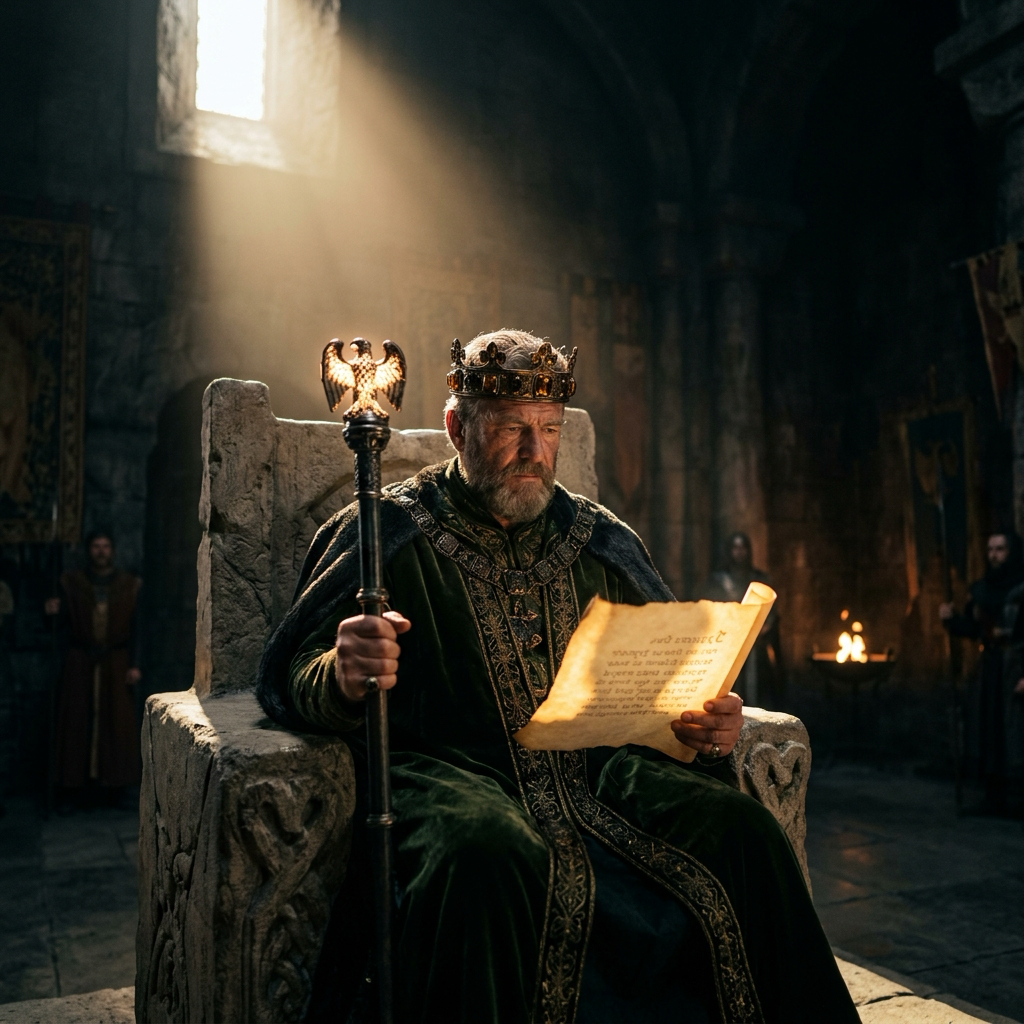 A sovereign king on a stone throne holding a glowing scroll — righteous authority, not cruelty