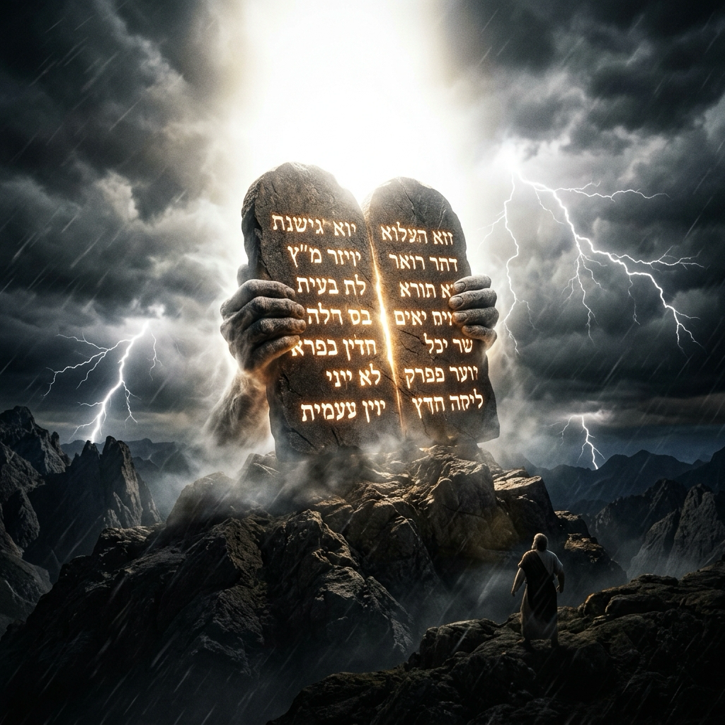 The Ten Commandments on stone tablets held above a stormy mountain — God issuing law, not suggestions