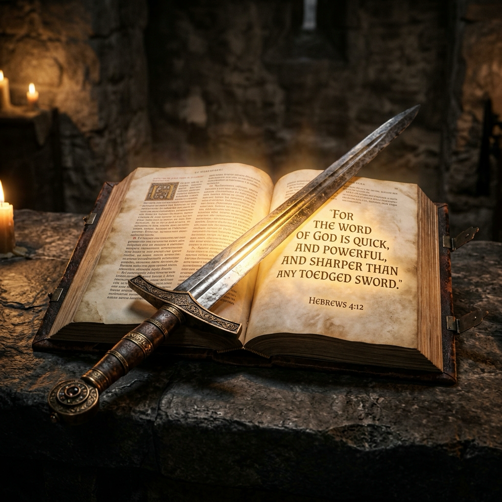 A double-edged sword resting across an open Bible — the Word of God quick, powerful, and sharper than any sword — Hebrews 4:12