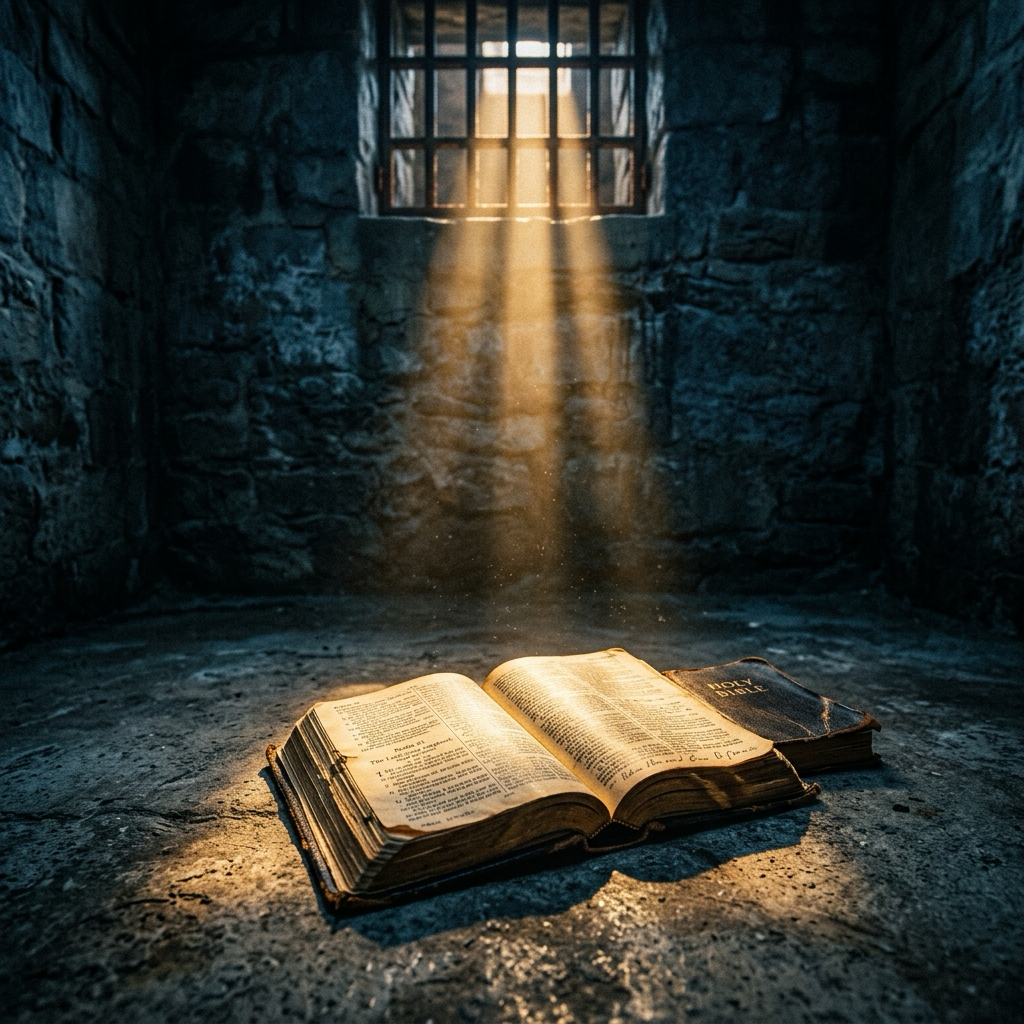 Light through prison bars onto an open Bible — Doctrine of Revelation
