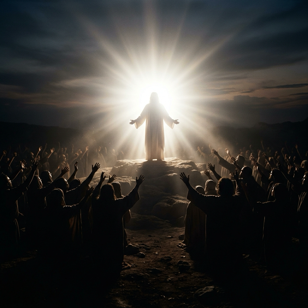 Christ standing in blinding light as crowds of silhouettes reach toward Him
