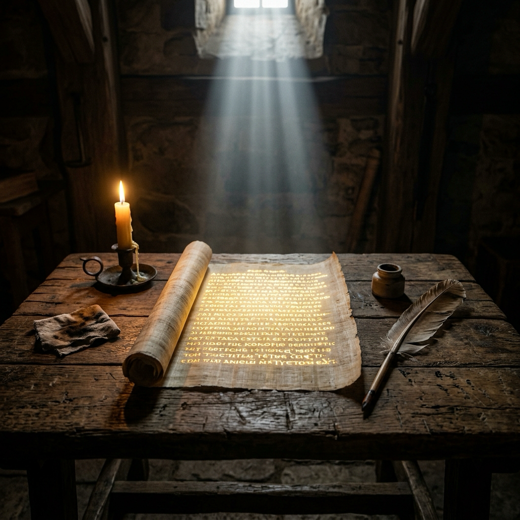An ancient papyrus scroll glowing with divine golden light on a worn wooden writing desk — God breathing His words through a human instrument