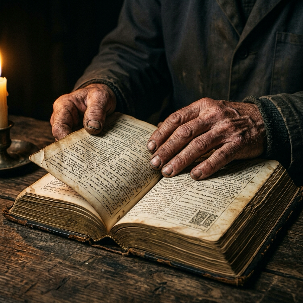 Scarred working hands holding open an ancient King James Bible by candlelight