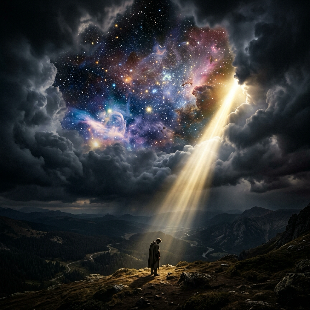 The heavens opening — God speaking through creation, a lone figure beneath the cosmos and a shaft of divine light