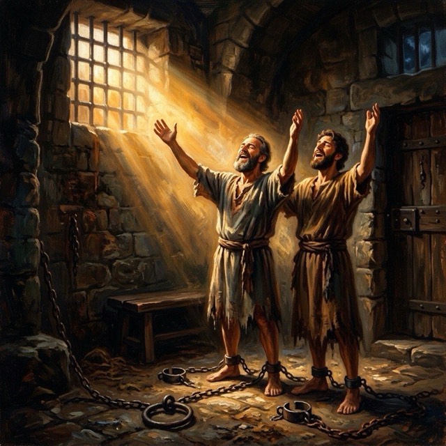 Two figures worshipping in a prison cell with light breaking through bars