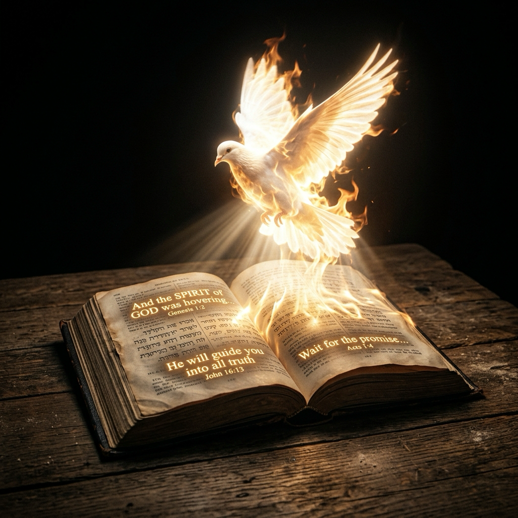 The Holy Spirit as fire and light descending into an open Bible, illuminating specific words on the page