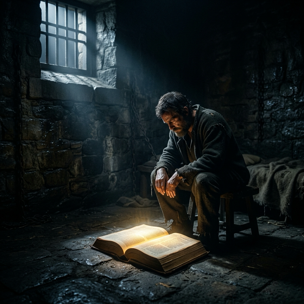 A lone figure in a dark prison cell at 2am, an open Bible on the floor glowing with supernatural light