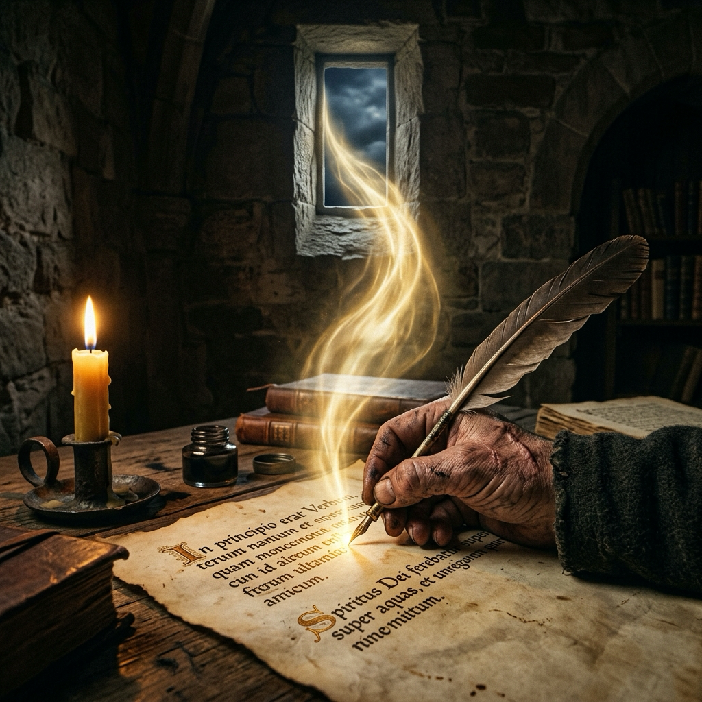 A scarred human hand writing by candlelight as divine breath flows from above into the page