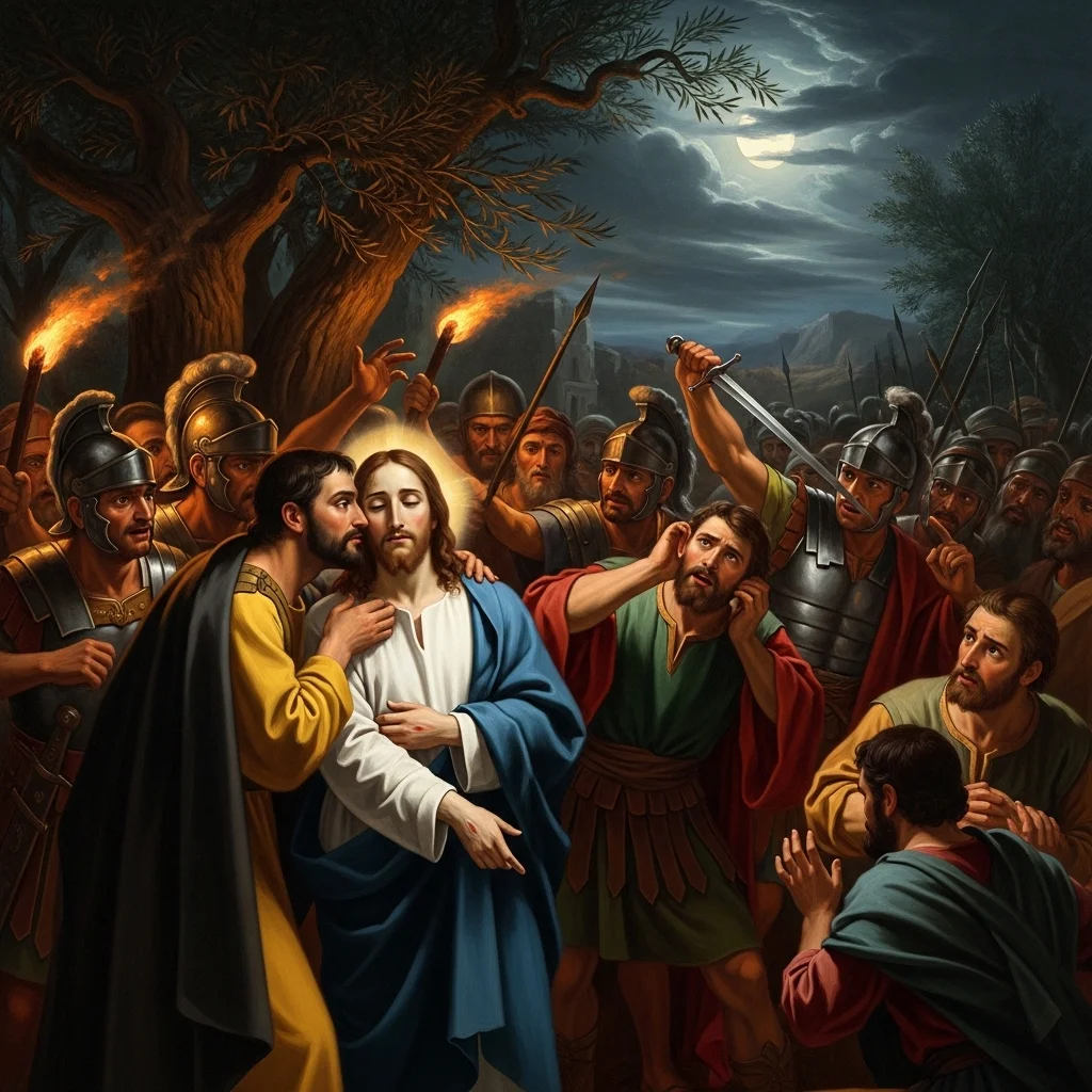 The Betrayal and Arrest — classical devotional oil painting