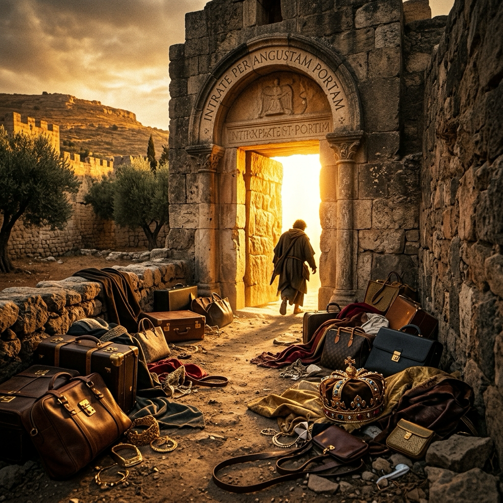 Narrow stone gate shining golden light