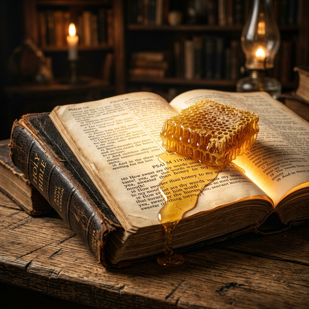 Glowing open Bible with golden honey dripping