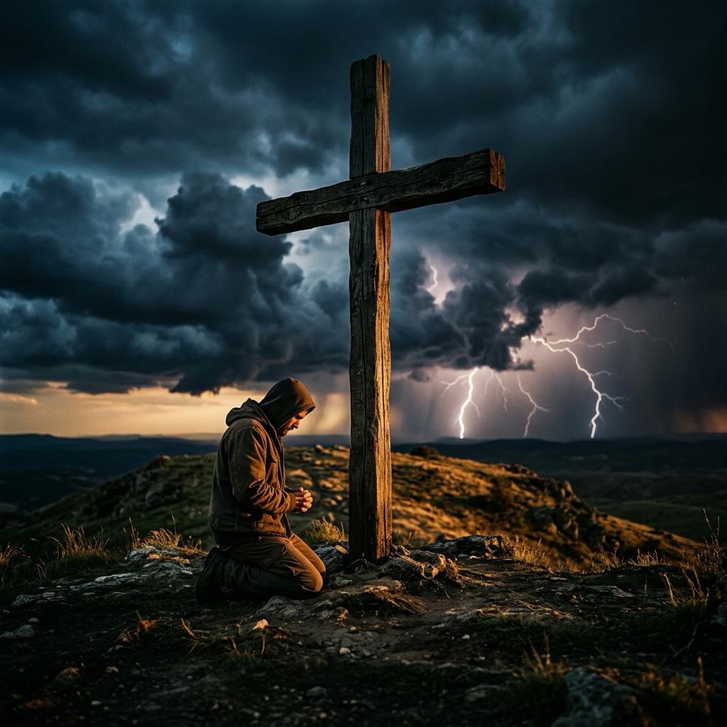 Person kneeling in peace at wooden cross