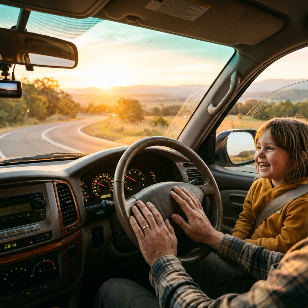 Hands off the steering wheel looking at sunny path